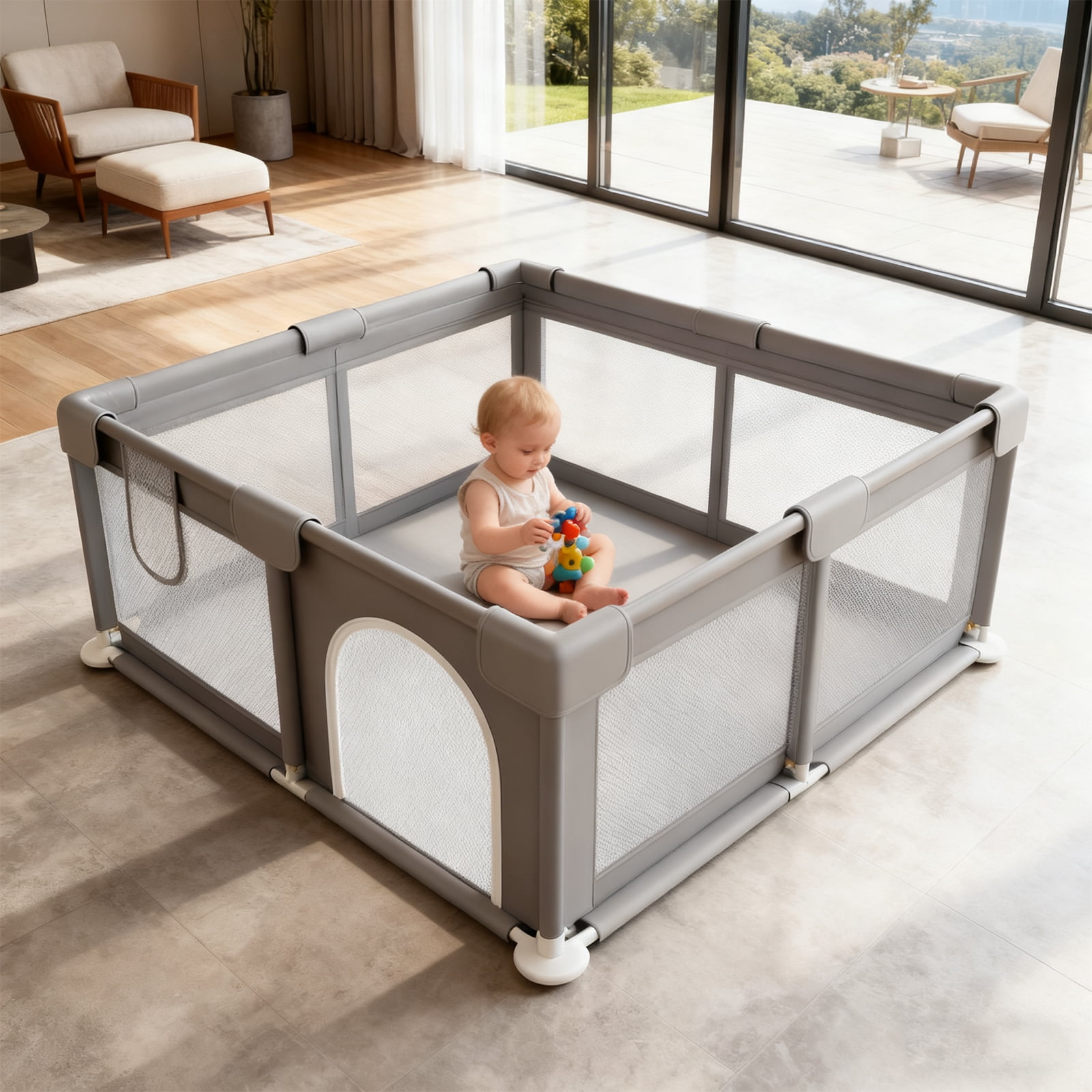 Baby Playpen 47 x 47 Inch, Large Playpen for Babies and Toddlers, Indoor & Outdoor Baby Fence Play Yard with Breathable Mesh
