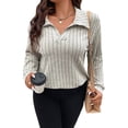 thumbnail image 3 of Women'S Large Size Casual Knitted Sweater Lapel V-Neck Solid Color Top Long Sleeve Shirt Apricot XL, 3 of 8