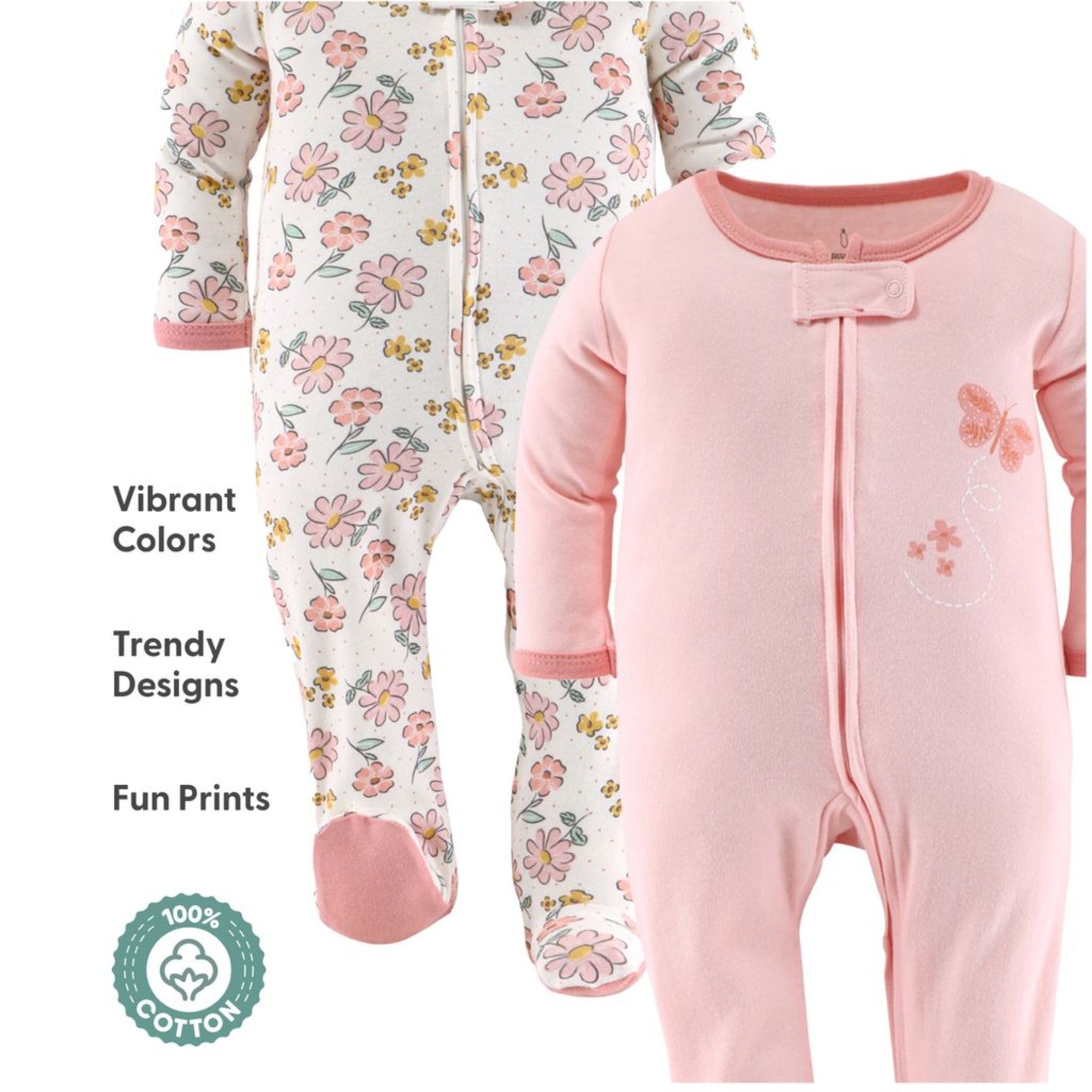 The Peanutshell Sleep n Play Boho Butterfly Footed Pajamas for Baby Girls Set, 0-3 Months, 3-Pack