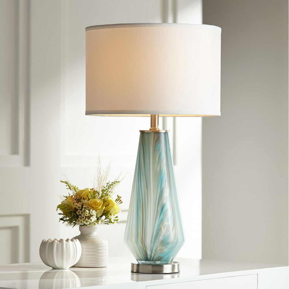 Possini Euro Design Modern Table Lamp Blue Gray Art Glass White Drum Shade Living Room Bedroom