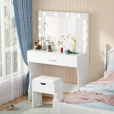 Vanity with Lighted Mirror, Makeup Vanity Set Desk with Storage Stool, Makeup Table with Large Drawer, White Vanity Table for Bedroom