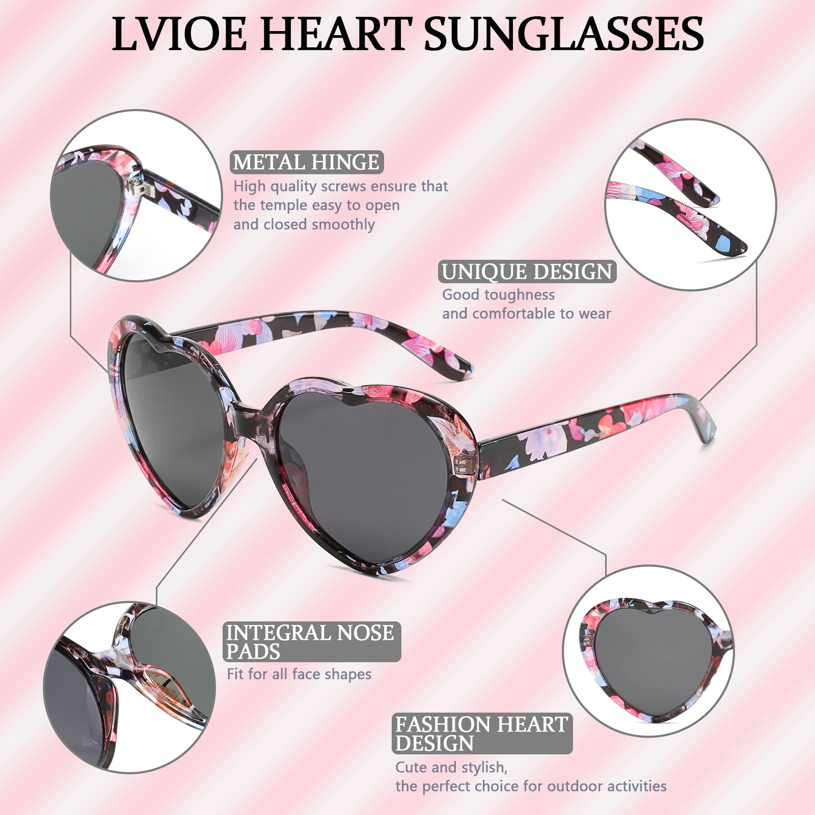 LVIOE Heart Sunglasses for Women, Polarized Heart Shaped Sunglasses with UV Protection Heart Style Retro Glasses for Shopping
