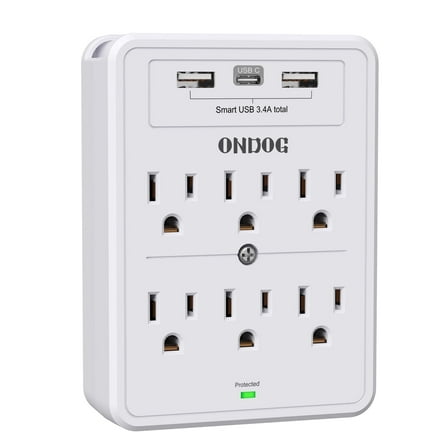 ONDOG Multi Plug Outlet, Surge Protector, 6 Outlet Extender and 3 USB Ports, White