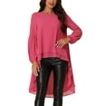thumbnail image 1 of Blusas asimétricas de chiffon de manga larga con cuello redondo para mujer, estilo casual y elegante, color rosa intenso, 1 of 6