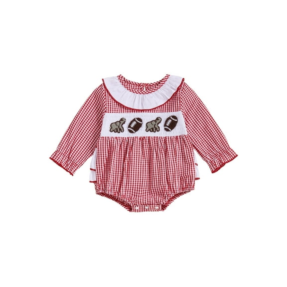 BemeyourBBs Baby Girl Plaid Football Romper Ruffle Long Sleeve Smocked Bodysuit