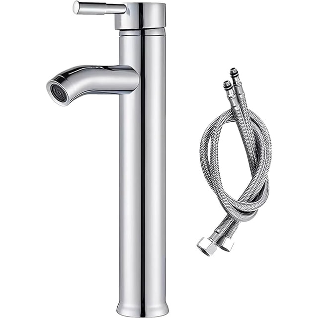 llaves para lavabo baño bluelander con carrete de cerámica Grifo monomando alto plata cromado, vista frontal 3/4 con cuerpo cilíndrico vertical, pico curvado y manija superior corta; incluye mangueras flexibles trenzadas y accesorios. Suele usarse también como grifo decorativo para lavabos de estilo moderno.