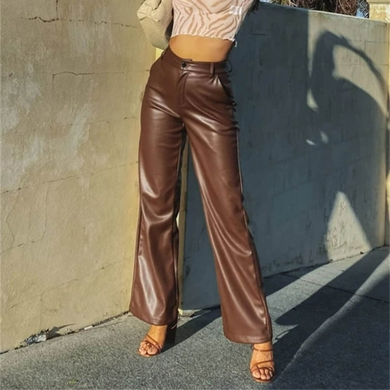 Women Leather Pants Solid Color High Waist Straight Wide Leg PU Leggings  Loose Fit Trousers Trendy Leather Pants 