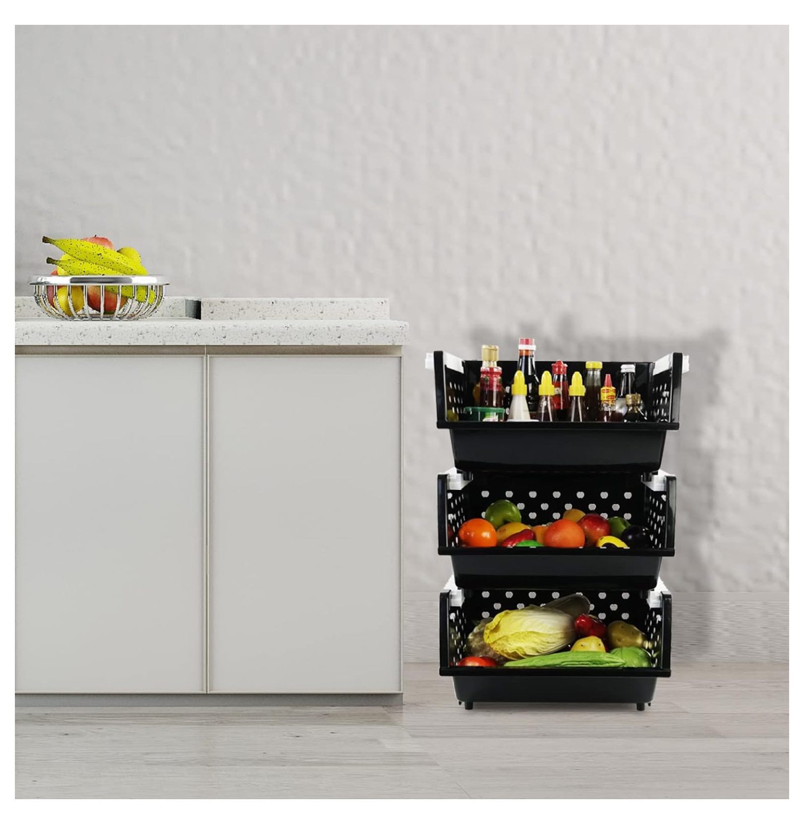 4 Pack Plastic Stackable Storage Baskets, Large Stacking Organizer Bins, Black