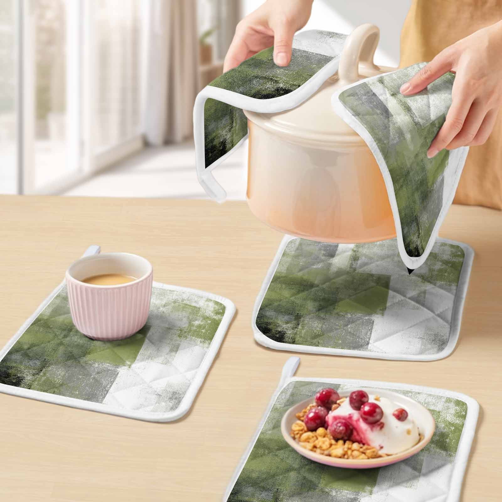 Sage Green Ombre Pot Holders for Kitchen Heatproof Potholder, 5 Pack Vintage Shabby Abstract Plaid Art Hot Pads Multipurpose Oven Pads Cloth Potholders Trivet for Cooking Baking