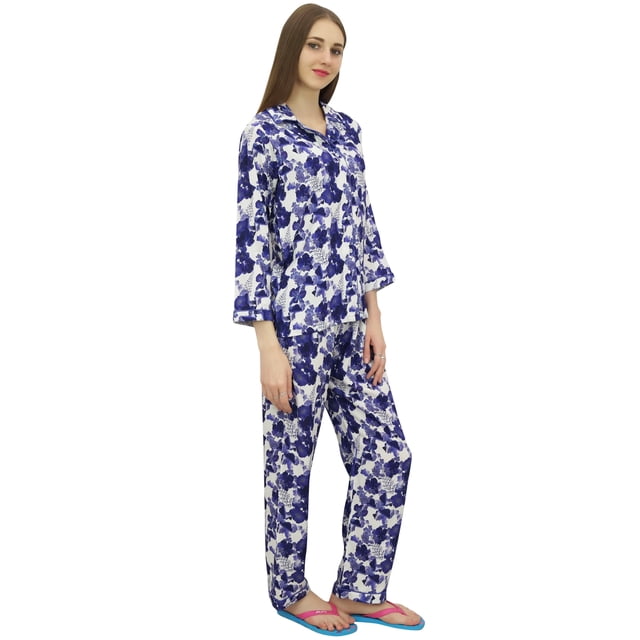 Bimba Off-White Button-Down Shirt With Elastic Waist Pajama Pant Night Wear-24