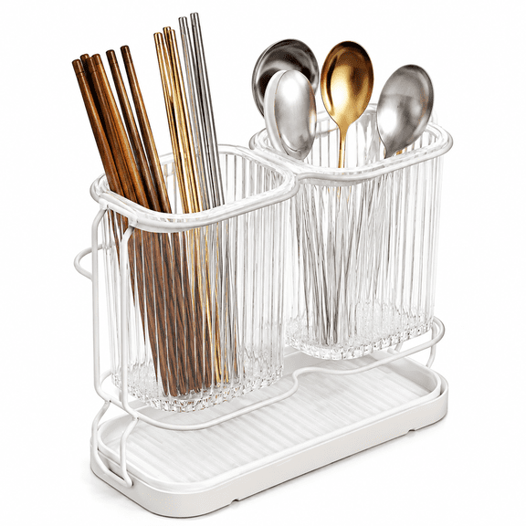 Kitchen Utensil Holder Wall Mount, Countertop Silverware Organizer with Drain Tray, Suitable for Utensils and Spatulas (White)