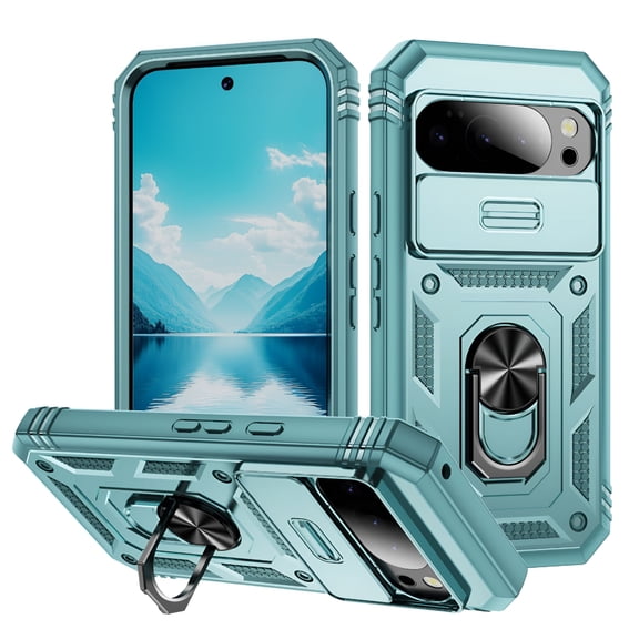GJX 2026 New Rugged Case with Camera Lens Sliding Cover for Google Pixel 10/10 Pro,Protective Phone Case with Rotating Ring Stand,Heavy Duty Shockproof Magnetic Car Mount Case,Green