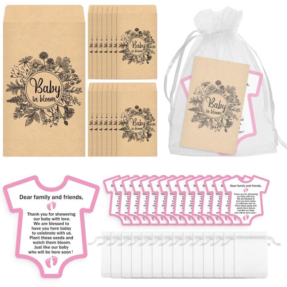 HLONK 100 Pcs Baby Shower Seed Packets Baby in Bloom Flower Seed Packets Bulk 100 Thank You Cards 100 Organza Gift Bags for Party Gift Favors No Seeds(Pink)