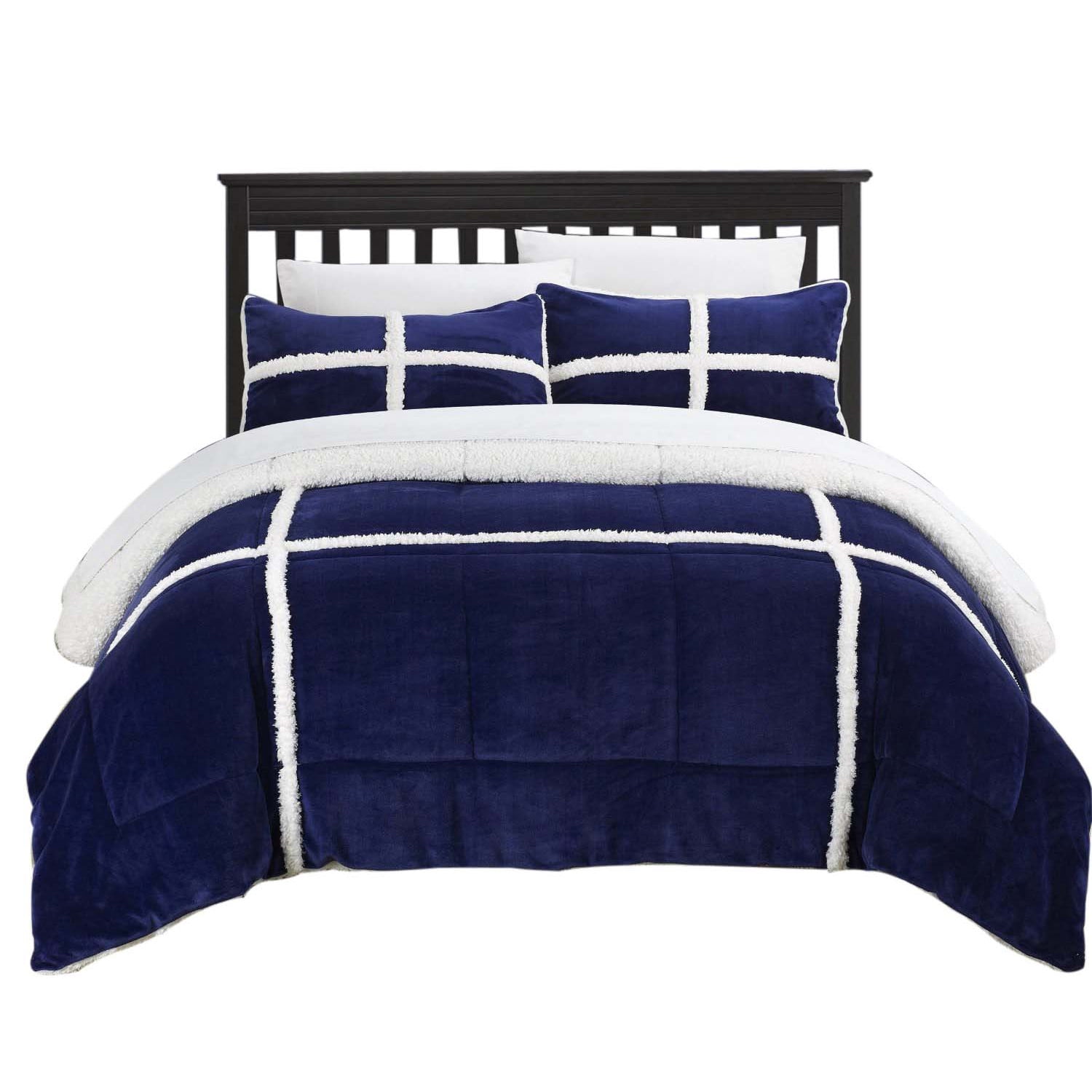 Camille Sherpa 7 Piece Comforter Sheet Set Bed In A Bag Navy Walmart