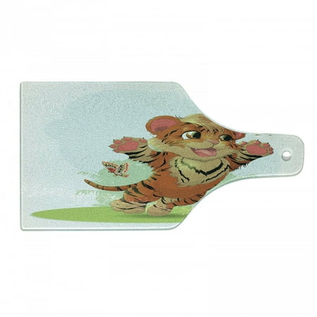 

Cartoon Cutting Board Cub Playing with Butterflies in the Meadow Joyful Lively Tiger Cat Decorative Tempered Glass Cutting and Serving Board Wine Bottle Shape Orange Cream Green by Ambesonne