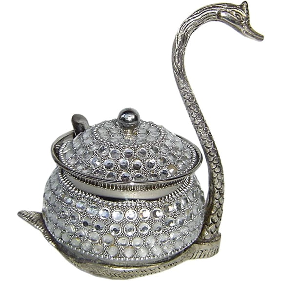 Rastogi Handicrafts Stainless Steel Serving Platter with Lid and Spoon Duck Shape Decorated with Studded Work (6 Inches)