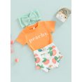 thumbnail image 3 of aturustex Infant Baby Girl Summer Outfits Letter Short Sleeve T-Shirt Tops Peach Print Shorts Bow Headband 3Pcs Sets, 3 of 9