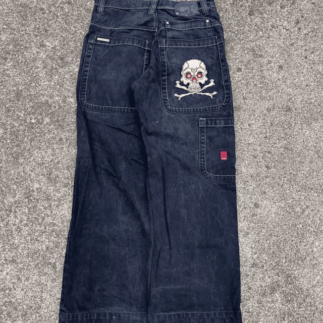 JNCO-pantalones vaqueros holgados para hombre y mujer, Pantalón ancho de cintura alta, Harajuku, Hip Hop, Retro, bordado con gráfico de calavera