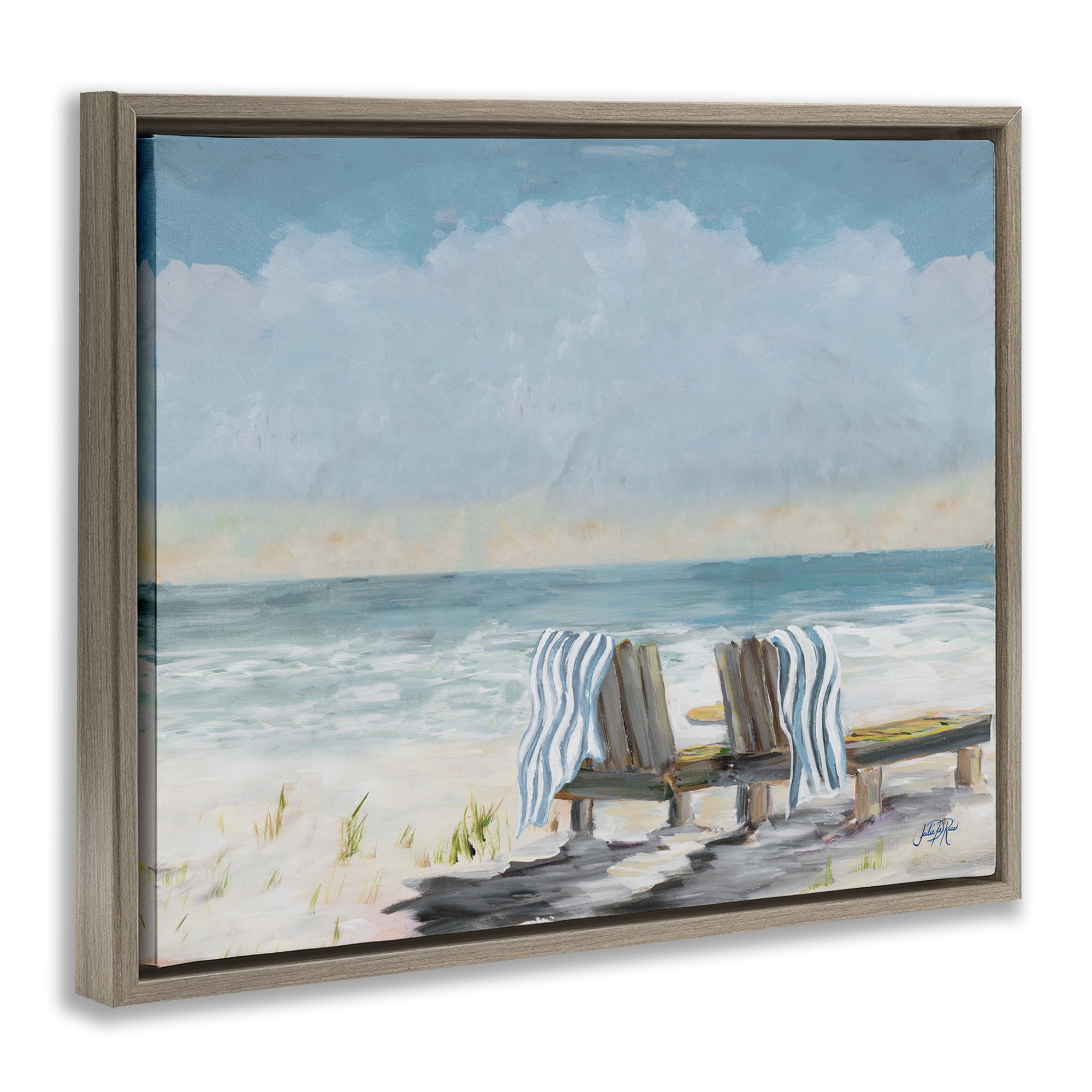 Stupell Industries Peaceful Beach Chairs Landscape Painting Brown Floater Framed Canvas Art Print Wall Art, 31 x 25