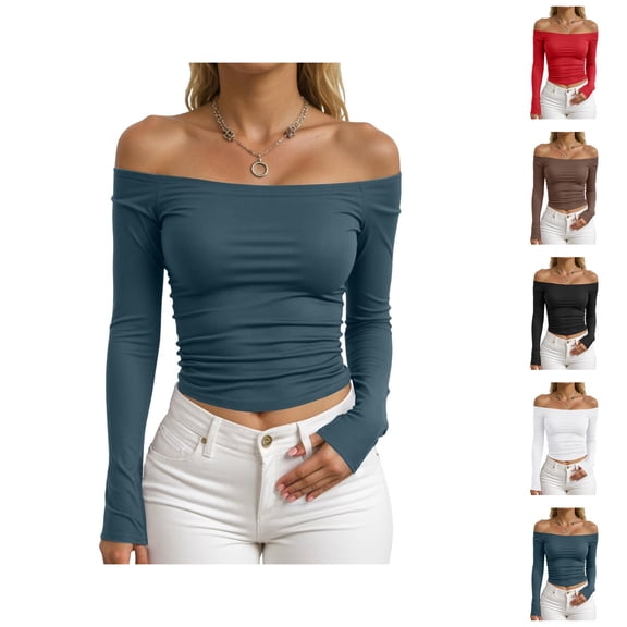 Off Shoulder Tops for Women Spring Fall Long Sleeve Fitted Cropped Shirt Y2k Going out Tops