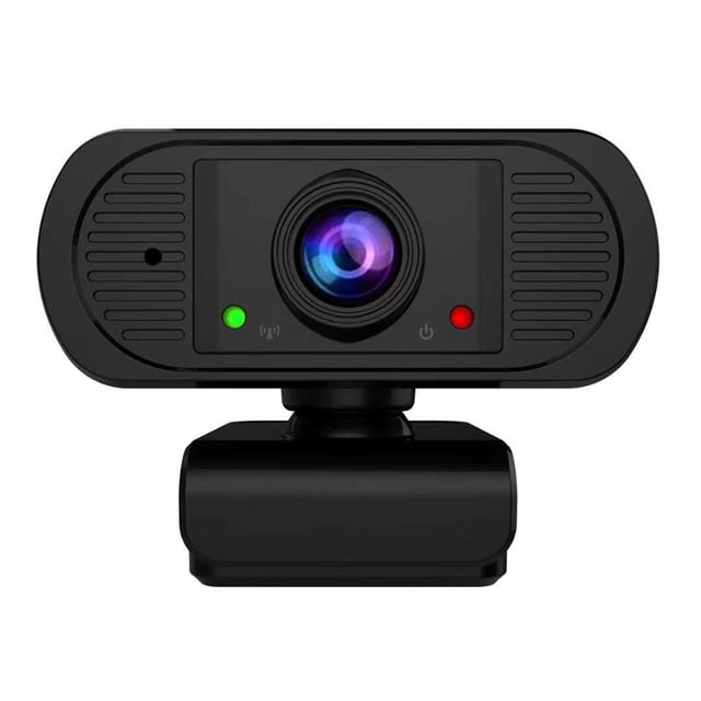 1080p hd video webcam videollamadas y grabaciones de pantalla ancha para cámara web TFixol negra, vista frontal centrada con lente circular en el centro, LED verde y rojo, rejillas laterales texturizadas, base con clip universal para monitor y cable USB 2.0 de 150 cm; diseñada para videoconferencias, transmisión en vivo y enseñanza en línea.