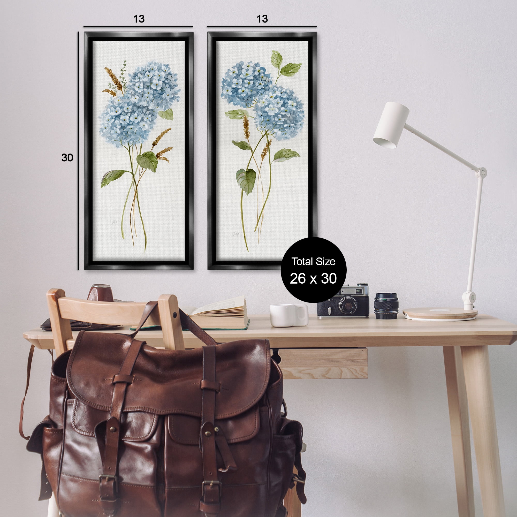 Stupell Industries Blue Hydrangea Long Stems Botanical & Floral Painting Black Floater Framed Canvas Art Print Wall Art, 15 x 31, Set of 2