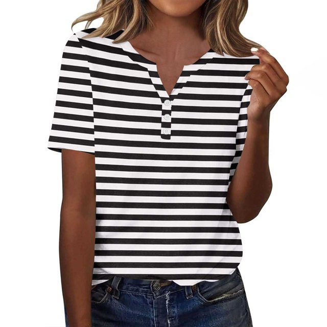 Plebaso T-Shirts à Rayures Col en V pour Femmes Manches Courtes Été Décontracté Blouses Amples pour Femmes