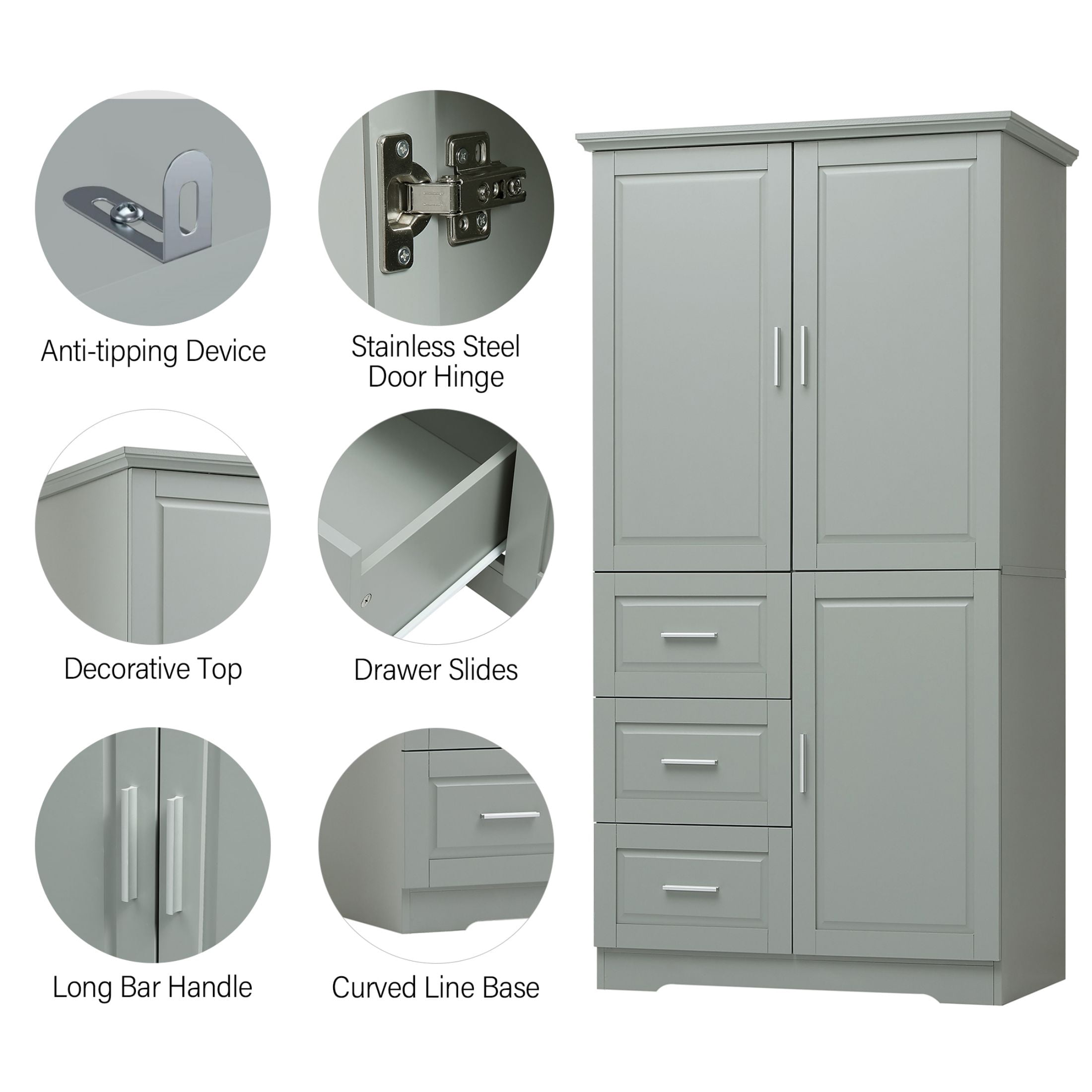 DEALTOPS Tall Storage Cabinet with Spacious Storage and Adjustable Shelves for Bathroom, Living Room, Gray