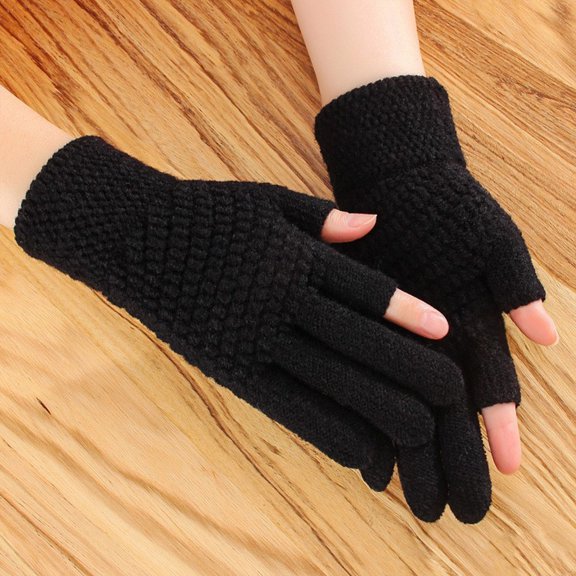Honeeladyy Womens Gloves Suit for Running, Women's Winter Screen Knit Warm Lining Three Finger Double Touchable Screen SMS Fingertip Design Mittens