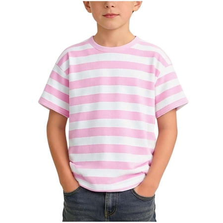 Boys Excavator Short Sleeve Crewneck T-Shirts Top Tee Size 1-14 Years Toddler Teen Boys Cotton Striped T-Shirt Pink-A