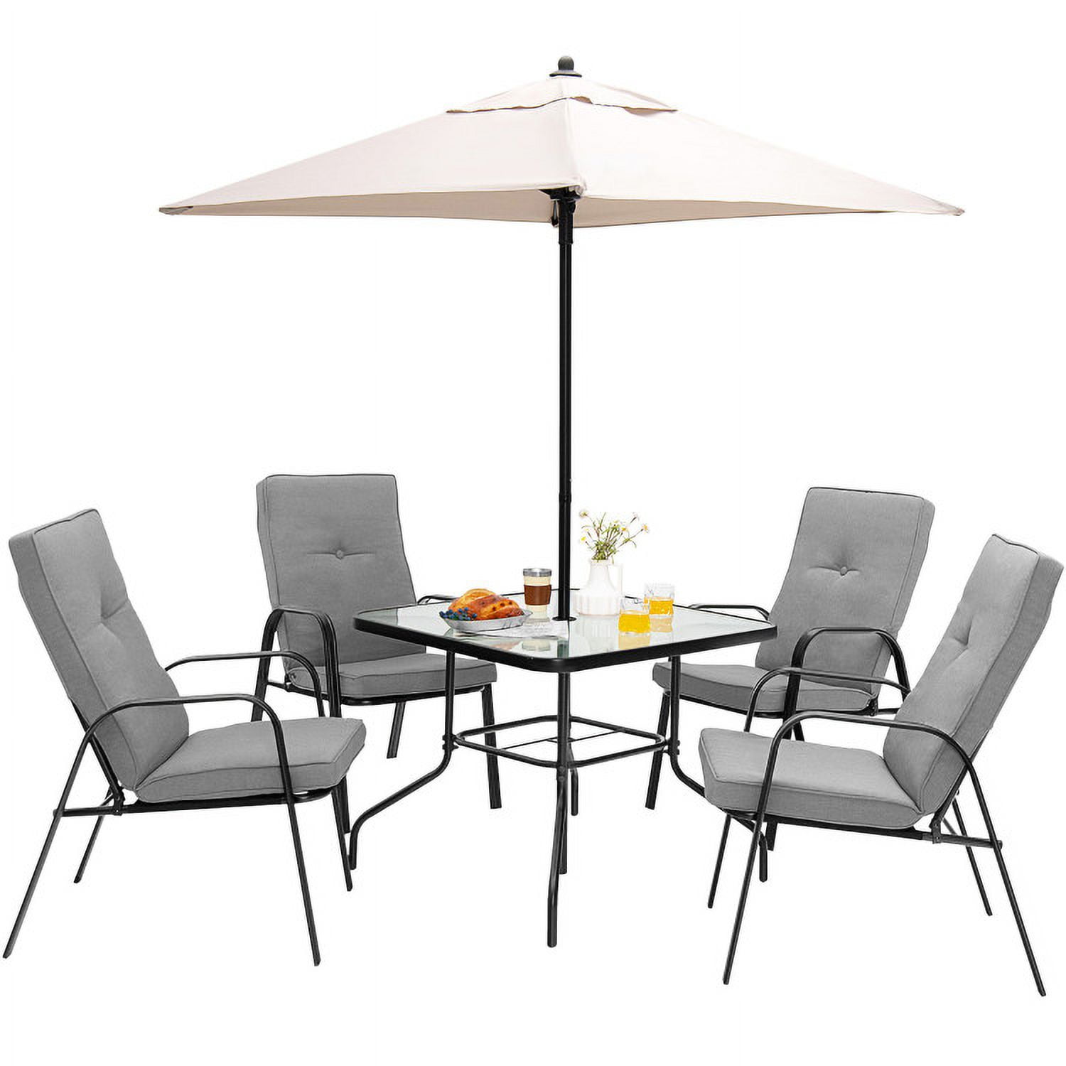Aimee Lii 6 Pieces Patio Dining Set with Umbrella and Stackable Cushioned Chairs, Outdoor Patio Furniture Aimee Lii 6 Pieces Patio Dining Set with Umbrella and Stackable Cushioned Chairs, Outdoor Patio Furniture