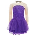 thumbnail image 3 of TSSOE Kids Girls Sequins Mesh Splice Figure Skating Dress Long Sleeves Ballroom Ballet Tutu Skirted Leotard Purple 14, 3 of 5