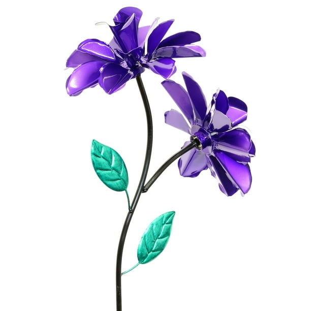 Exhart Double Rose Flower Wind Spinner Garden Stake Hand Painted in Metallic Purple, 10 by 39
