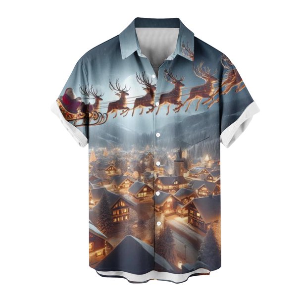 Mens Manga Corta Botón Abajo Camisas, Cuello de Vuelta Navidad Impresa Blusa, Top de Moda Casual