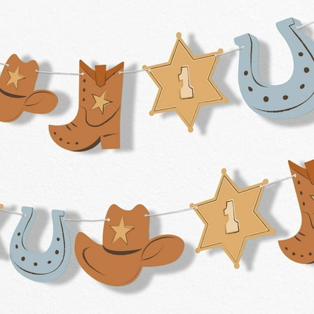 Big Dot of Happiness My First Rodeo Garland Banner Little Cowboy 1st Birthday Party Decorations Backdrop 30 Feet of Cord 15 Double Sided Paper Blue and Brown Western Shapes