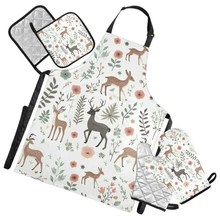 Deer Floral Branches 5 Pcs Kitchen Set Heat Resistant Oven Mitts and Non-Slip Pot Holders with Adjustable Cooking Apron