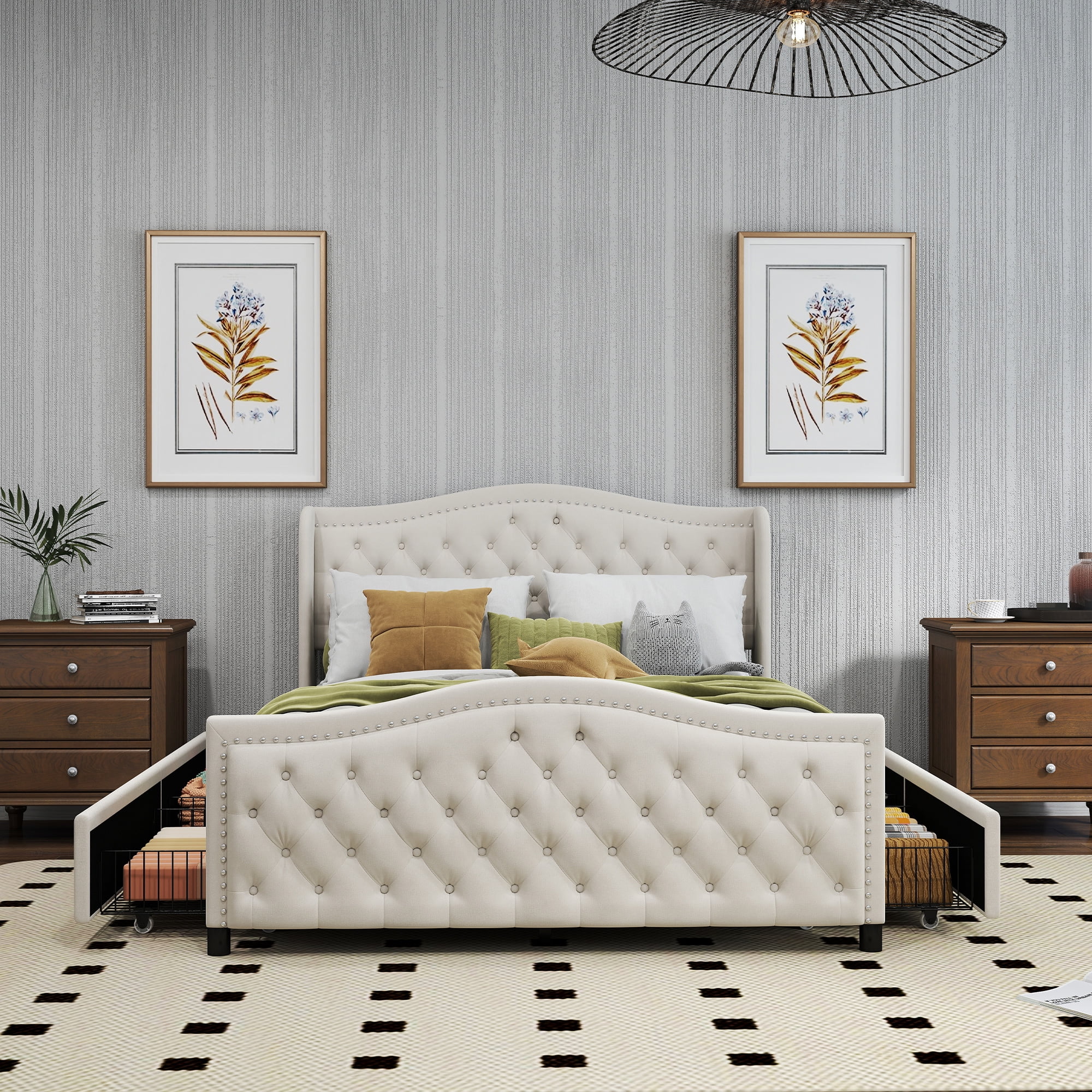 Bonzy Home Queen Size Bed Frame with Storage Velvet Upholstered Sleigh Bed with Headboard Button Tufted Easy Assembly Cream
