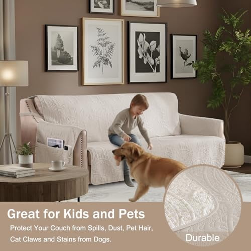 Beige Quilted Loveseat Slipcover for 2-Cushion Sofa, Water-Resistant and Machine Washable Pet-Friendly Couch Cover, Furniture Protector for Living Room (48 Inch)