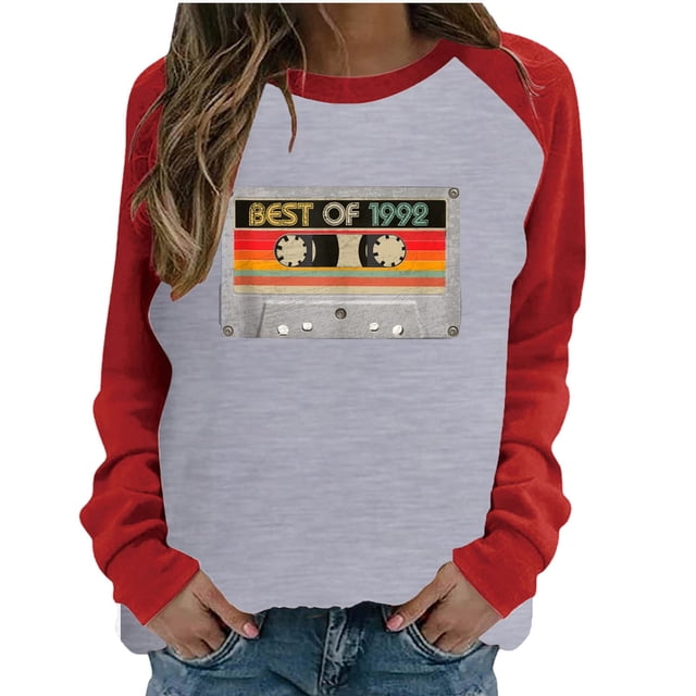Blusa informal de manga larga con cuello redondo y estampado 1992 para mujer Pompotops gfhjh17190