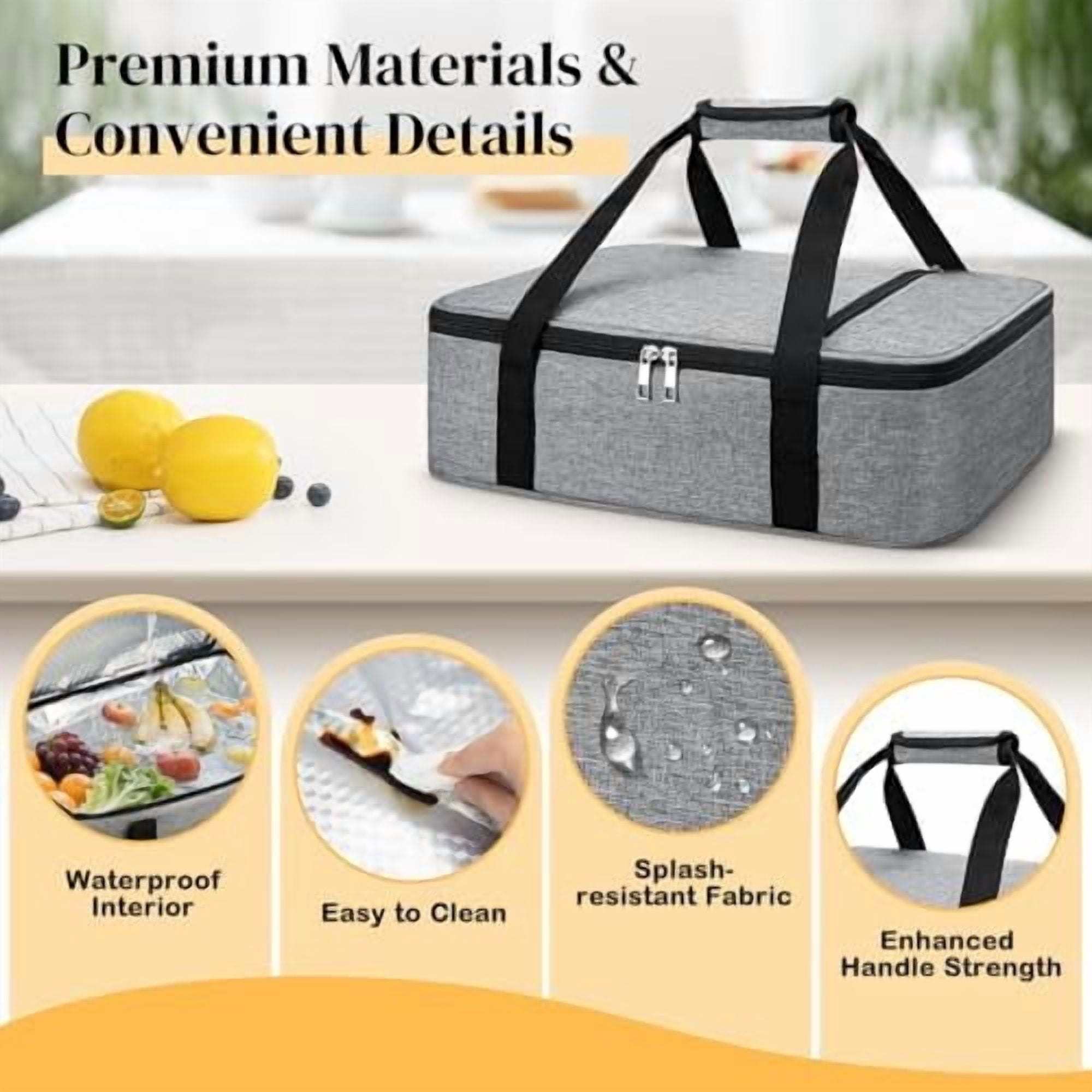 Insulated Casserole Carrier – Portable Tote for Hot or Cold Food, Warmer & Cooler Bag Lunch Bag, Fits 9" x 13" Baking Dish, Ideal for Potluck Parties – Grey