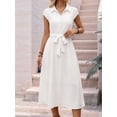 thumbnail image 3 of Women Midi Button Down Shirt Dress Collared Cap Sleeve Pleated Tie Waist Flowy Elegant Dress White S, 3 of 9