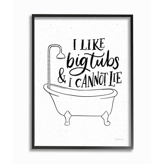 Stupell Industries I Like Big Tubs Bathroom Joke Black White Word Parody Framed Wall Art Design by Becky Thorns, 16" x 20", Black Framed