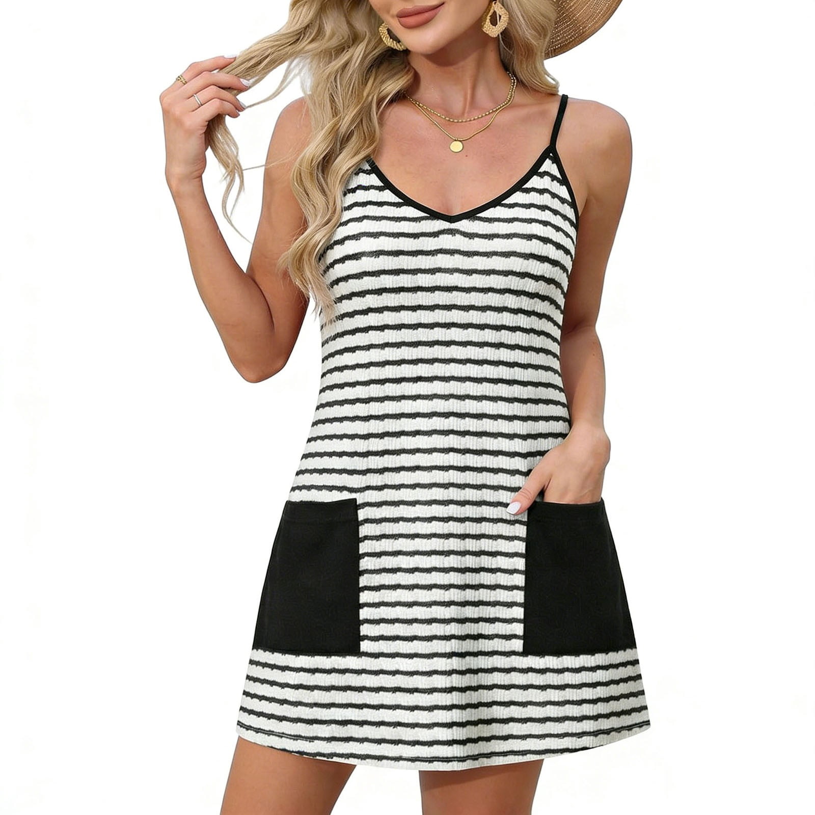 Abomasnow Womens Athletic Dress Spaghetti Strap Sleeveless V-Neck Striped Mini Dress Casual Summer Beach Vacation Dress with Pockets