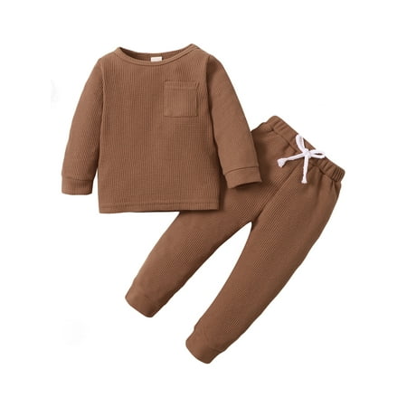 

Nokpsedcb Kids Baby Boys Girls Autumn Ribbed Pants Sets Long Sleeve Round Neck Tops Lace Up Pants Brown 12-18 Months