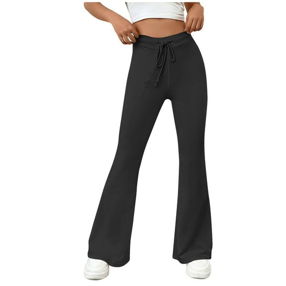 Womens Flare Leggings Drawstring Casual Color Slim Hips Loose Yoga Pants Wide Leg Sports Pants Black