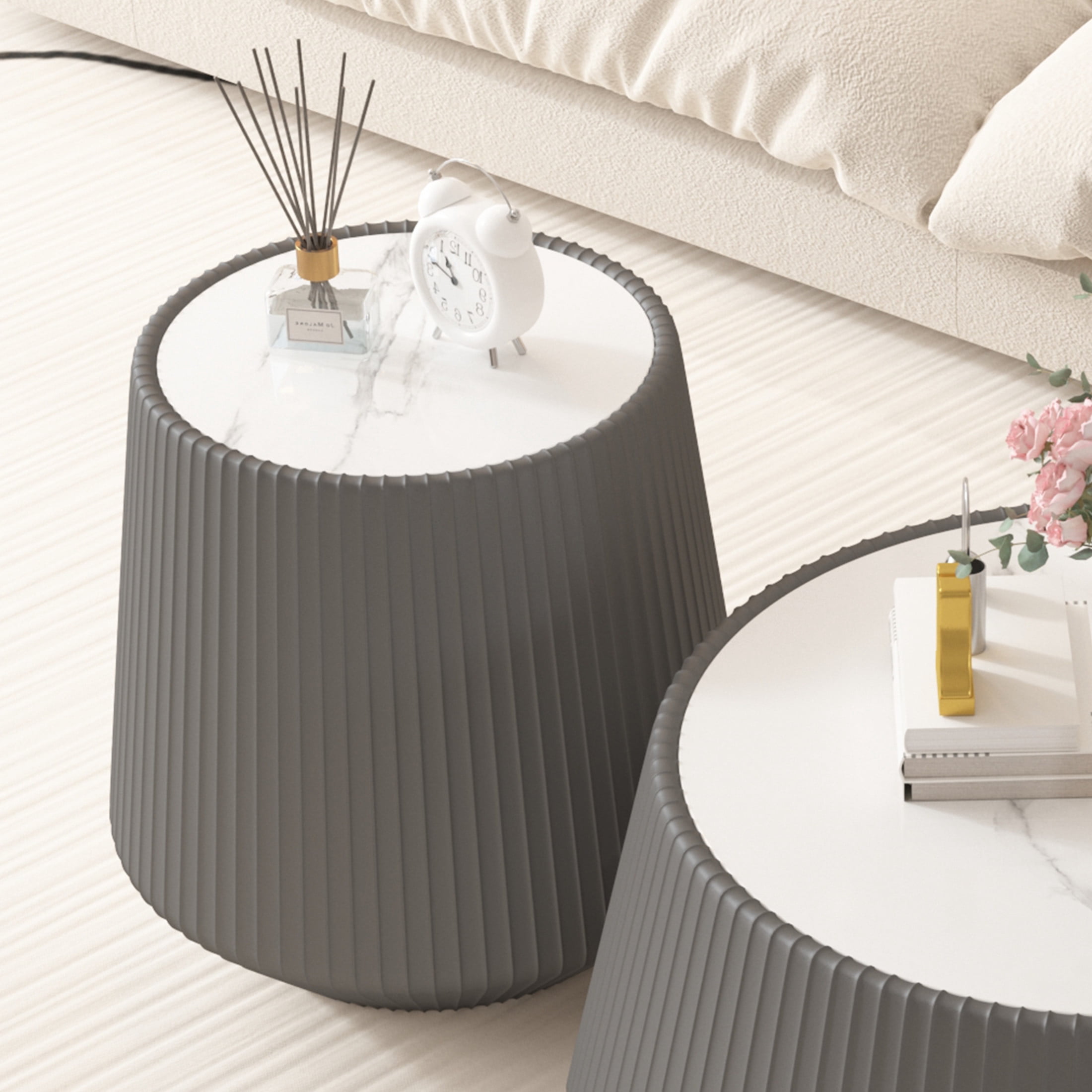 Noble House Cersei 19" Cup-Shaped Mable Top Coffee Table with Leather Accents, End Table for Living Room, Grey
