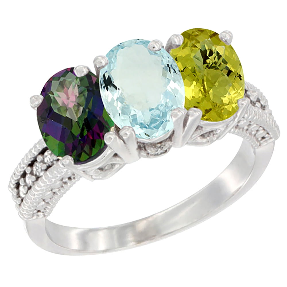 14K White Gold Natural Mystic Topaz, Aquamarine & Lemon Quartz Ring 3-Stone 7x5 mm Oval Diamond Accent, sizes 5 10 by WorldJewels