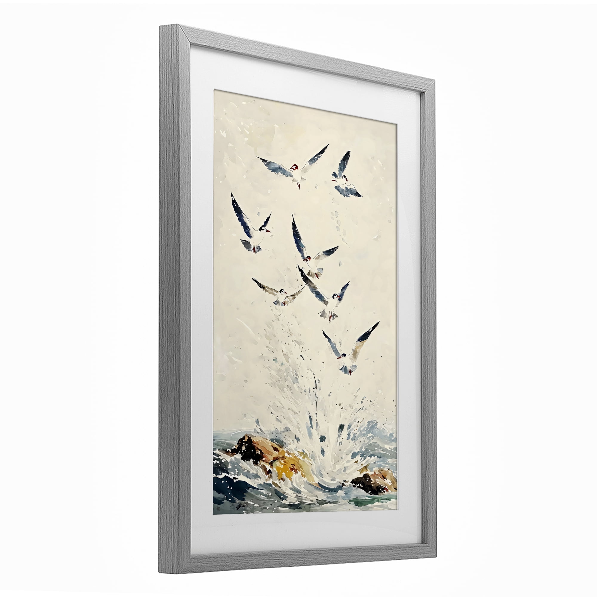 Stupell Industries Waves of Seagulls over Rocks Gray Framed Print Under Glass, design by Creative Studio