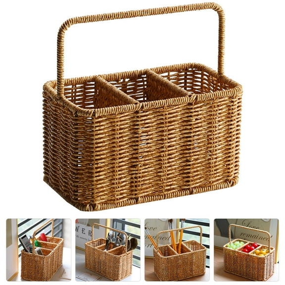 SOPOTUTU Light Brown Woven Plastic Utensil Organizer Basket for Kitchen Tabletop Storage