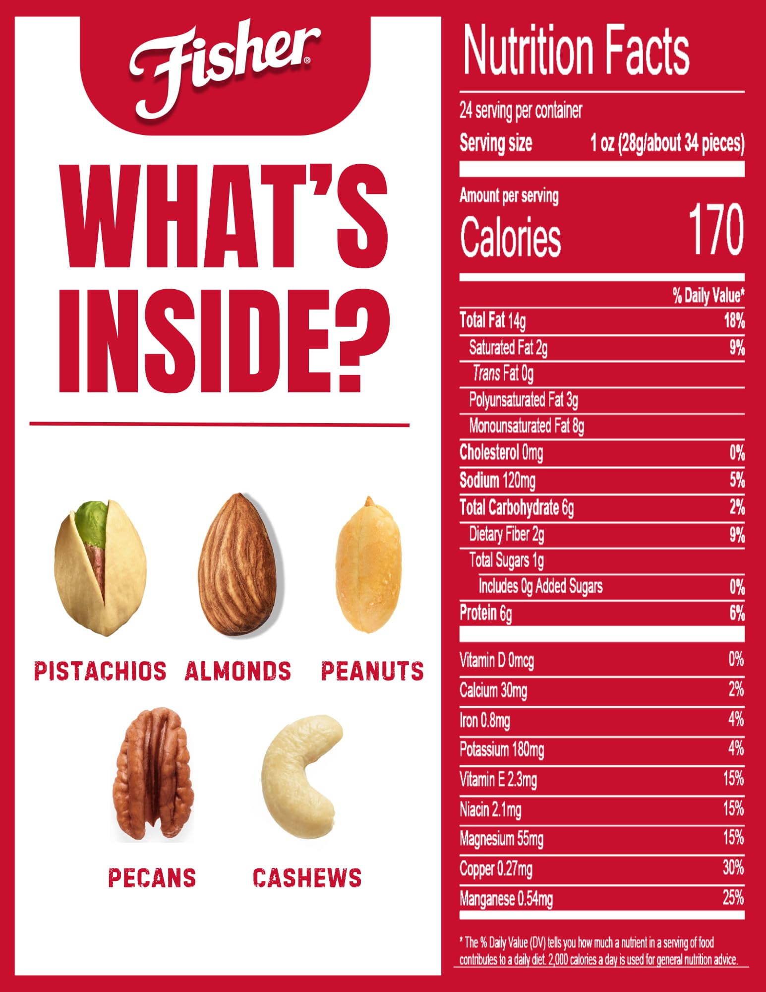 Fisher Oven Roasted Never IEF31 Fried Mixed Nuts 24 Ounces (Pack of 1), Almonds, Cashews, Pistachios, Pecans, Trail Mix, Healthy Snacks for Adults, Made With Sea Salt, No Added Oils